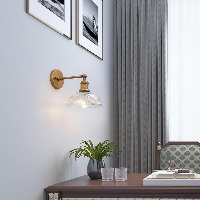 Yosoan Antique Brass Indoor Wall Sconce, 1-Light Modern Vanity Light Vintage Industrial Single Lamp Hardwired Clear Striped Bowl Glass Shade for Living Room Kitchen Bedroom Home Decor(Antique)