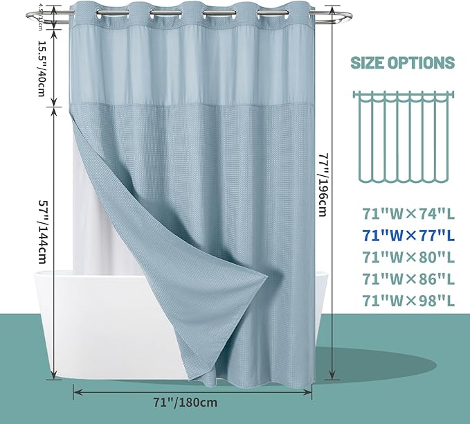 Teal Hook Waffle Weave Shower Curtain with snap-in Liner Replacement, 230GSM Waterproof Fabric Hotel Shower Curtain Set for Bathroom, Through Mesh Top Window,71Wx77H