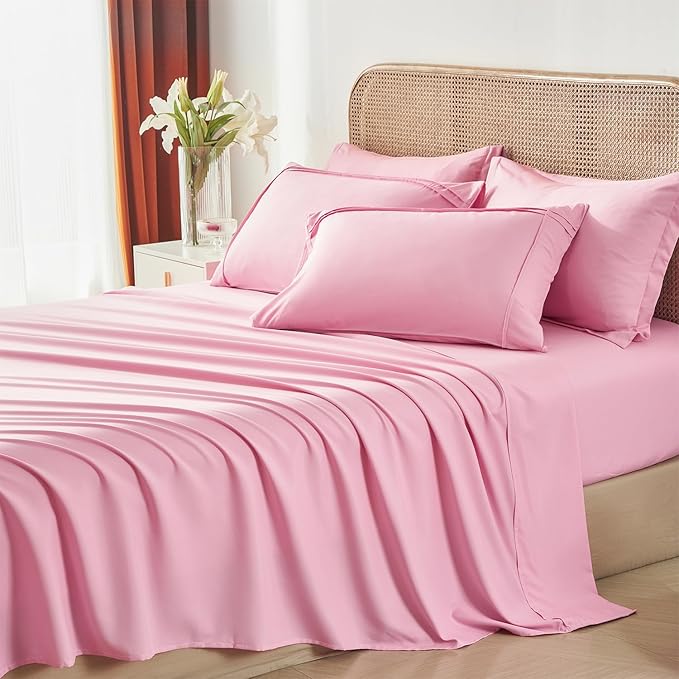 Yogeneg Full Size Comforter Set 7 Piece Bed in a Bag,Grid Pinch Pleat Pink Bedding Set,Striped Textured Soft Microfiber Comforter with Sheet Set,All Season Complete Bed Set(Pink,Full)