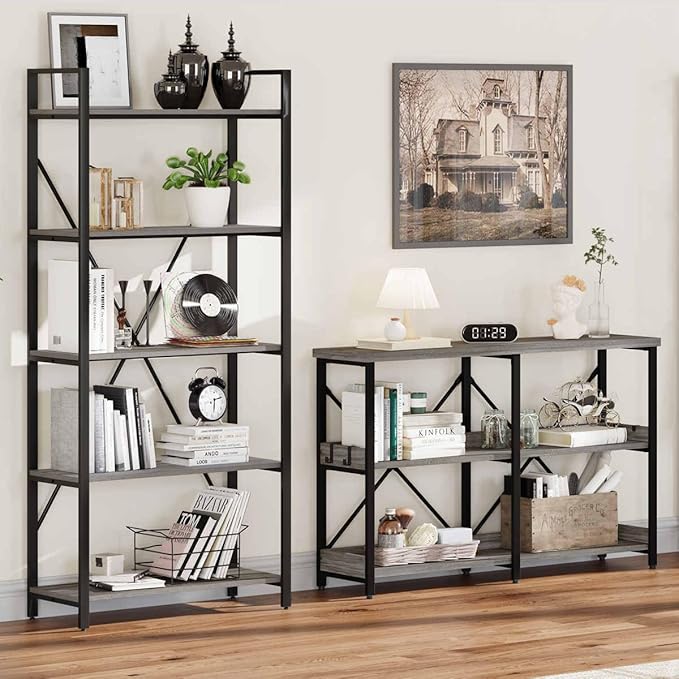 BON AUGURE Entry Table, 47 Inch Console Tables for Entryway, Narrow Couch Table Behind Sofa for Living Room, Wood 3 Tier Shelves Organization Tables for Foyer, Hallway (Dark Grey Oak)