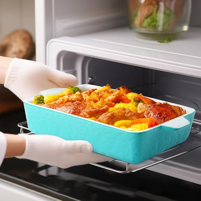 Casserole Dishes for Oven, Ceramic Baking Dishes, Lasagna Pan with Handles, Porcelain Baking Pan Deep, Bakeware for Baking, Cooking, Wedding Gift, Set of 3 (11.6" x 7.8", Aquamarine)