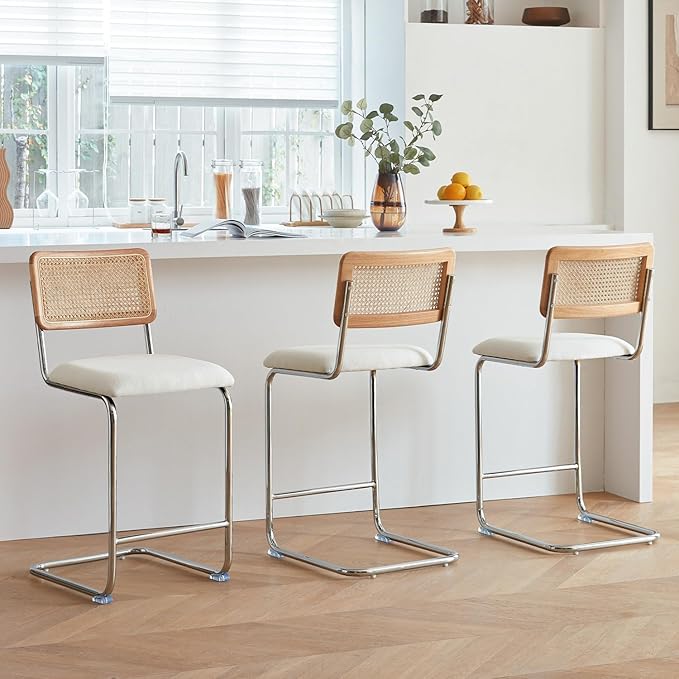 Natural Rattan Counter Height Stools Set of 3 with Solid Wood Back, 29 Inch Mid Century Modern Cesca Bar Stools, White Upholstery Boho Stool for Kitchen Counter with Chrome Metal Legs