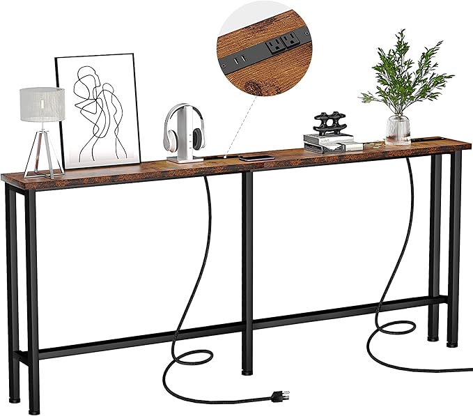 70" Narrow Console Sofa Table - 2 Power Outlets & 4 USB Ports, Metal Frame, Rustic Brown, Perfect for Hallway, Office, and Behind Sofa - Easy Assembly, 4.9' Extension Cord Included