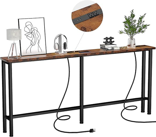 70" Narrow Console Sofa Table - 2 Power Outlets & 4 USB Ports, Metal Frame, Rustic Brown, Perfect for Hallway, Office, and Behind Sofa - Easy Assembly, 4.9' Extension Cord Included