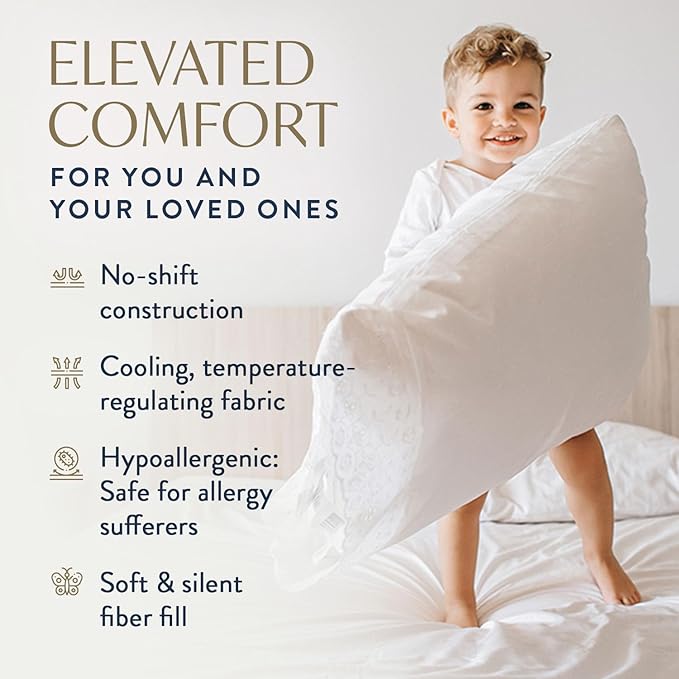 Digital Decor 100% Cotton Queen Size Hotel Pillows, U.S. Made Hypoallergenic Pillows with Down Alternative Fiber Fill, Set of 2, Three Comfort Levels, (Soft, Medium, Firm) Medium