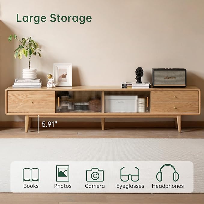 70.87" L Solid Oak Wood TV Stand for 65-80 Inch TVs, Glass Sliding Door TV Console with 3 Drawers and 2 Cabinets, Entertainment Center with Storage Cabinets TV Stands for Living Room (Log Color)