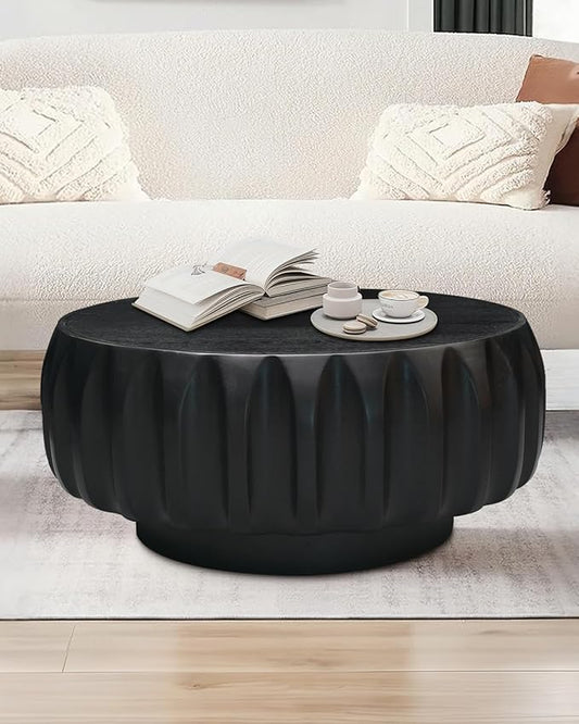 31.5" Drum Coffee Table Modern Unique Fluted Tea Table Contemporary Wood Round Coffee Table with Fluted Centry Table for Living Room Black