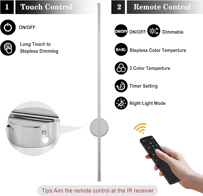 Battery Operated Modern Wall Sconces, Dimmable Wireless Wall Light Set of Two with Remote Control, 3 Color Temperatures, Rechargeable LED Wall Sconce for Bedroom, Living Room,Hallway, 39.3 Inch Chrome