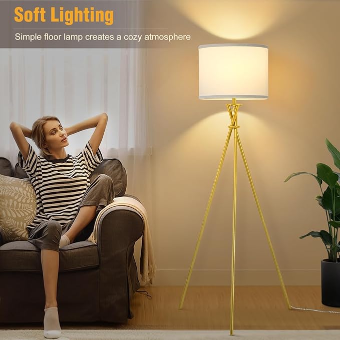 Gold Tripod Floor Lamp, 61”Tall Floor Lamps, Standing Lamp with Rotary Switch, Modern Floor Lamp Simple Design with White Shade, Floor Lamps for Living Room, Bedroom, Office, Without Bulb