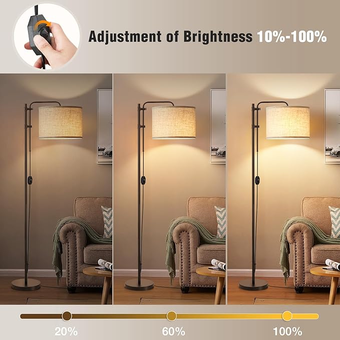 Floor Lamp for Living Room, Adjustable Height Standing Lamps with 350° Rotate Linen Lampshade, 67.5-Inch Brown Modern Tall Lamp Dimmable Floor Lamps for Corner Bedroom Home Office (Bulb Included)