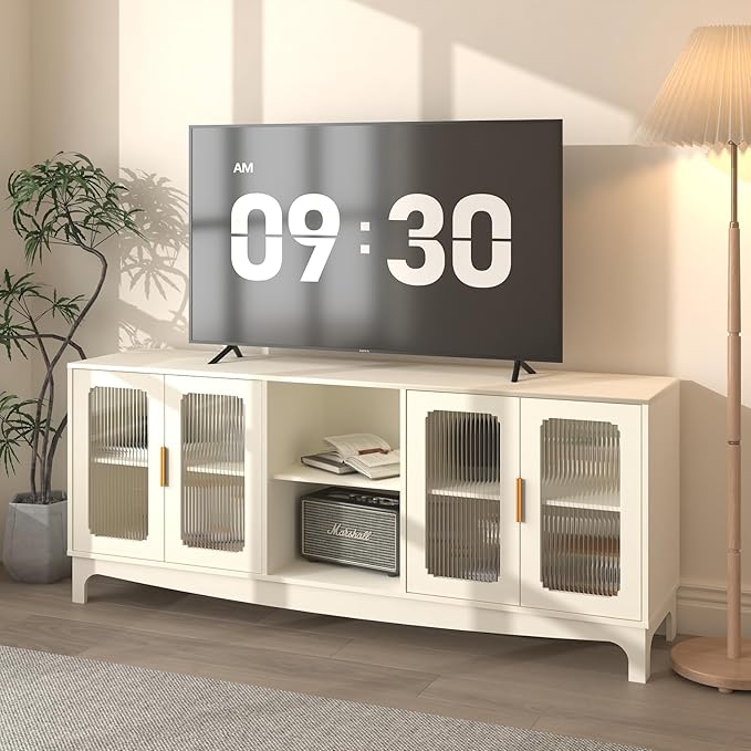 65 Inch White TV Stand for TVs up to 70+ inch, Mid Century Modern Glass Door TV Console Table, Entertainment Center with Storage Cabinet, Wood Media Console for Bedroom, Living Room (White)