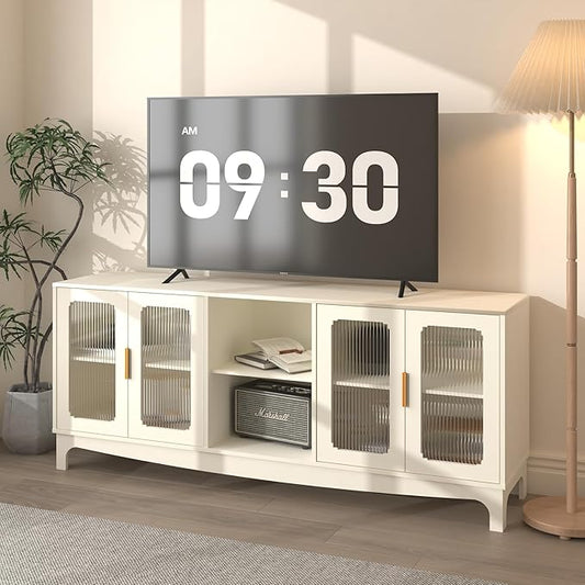 65 Inch White TV Stand for TVs up to 70+ inch, Mid Century Modern Glass Door TV Console Table, Entertainment Center with Storage Cabinet, Wood Media Console for Bedroom, Living Room (White)