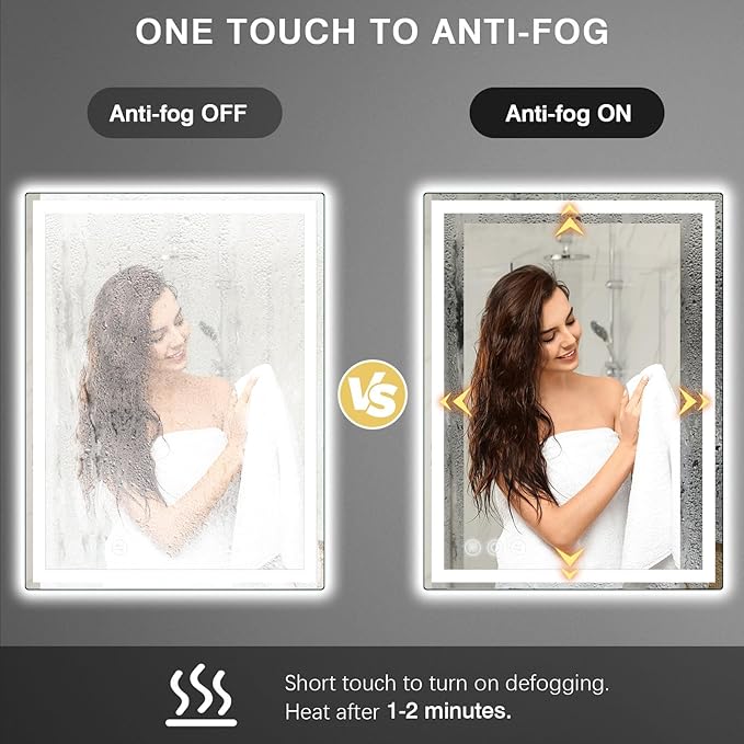 LED Bathroom Mirror 24"x 32" with Stepless Dimmable Wall Mirrors with Anti-Fog, Dimmable CRI>90, Vanity Mirror with 3 Color Modes, Shatter-Proof, Memory Bathroom Mirror with LED Lights