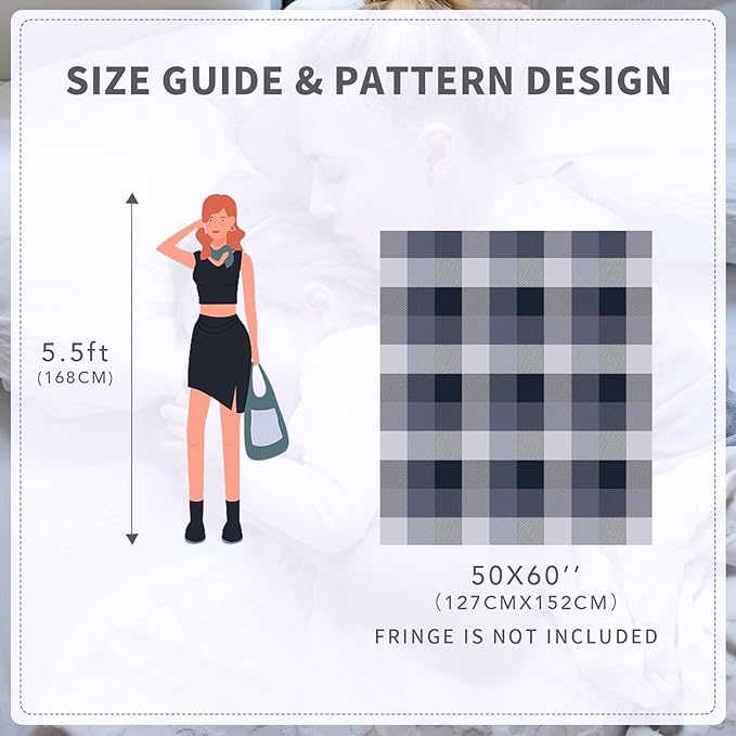 RECYCO Buffalo Paid Chenille Throw Blanket for Couch, Soft Cozy Decorative Buffalo Check Blanket Throw with Tassels for Bed Sofa, Lightweight Chenille Knitted Throw, Plaid Navy Off White, 50'' x 60''