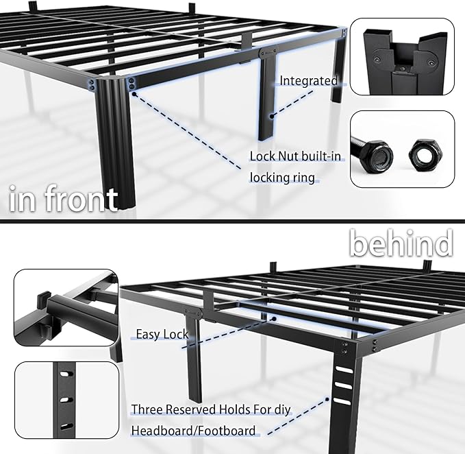 14 inch King Size Bed Frame Metal Platform No Box Spring Needed with Headboard Hole Round Corner Legs Mattress Stoppers Retainers 3500LBS Queen Bed Frames Heavy Duty Steel Slats Noise-Free