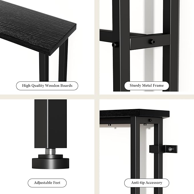 GRLEAF 39" Narrow Console Sofa Table with Built-in Power Strip (4 AC Outlets & 4 USB Ports) – 4.9ft Power Cord, Metal Frame, Easy Assembly, Ideal for Behind Couch, Hallway, and Home Office | Black
