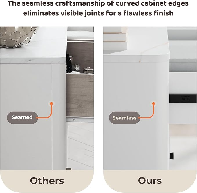 Fluted 6 Drawers Dresser for Bedroom, 54" Wide Modern Chest of Drawers with Faux Marble Top, Curved Profile Design, Solid Wood Legs, Wodden Dresser TV Stand, Storage Organizer for Bedroom, White