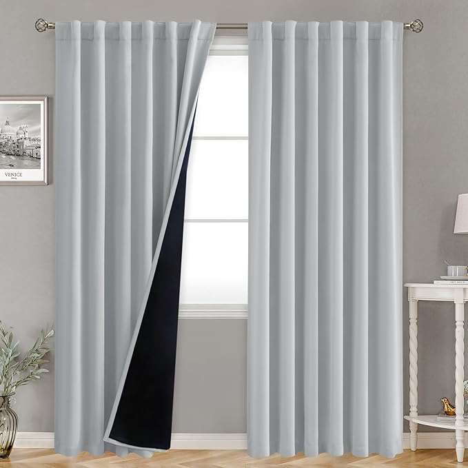 BGment Full Blackout Curtains with Thermal Insulation Liner Curtains 90 Inches Long, Rod Pocket and Back Tab Double Layer Room Darkening Window Curtain for Bedroom(52 x 90 Inch, 2 Panels, Light Grey)