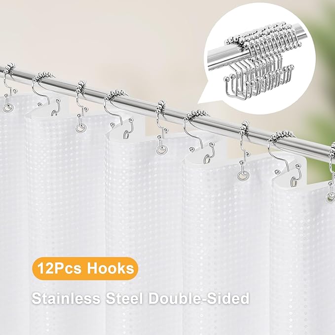 3 in 1 Shower Curtain Set, White Waffle Shower Curtain and PEVA Liner Set with 12 Double Sided Stainless Steel Shower Curtain Hooks, Waterproof Fabric Shower Curtains for Bathroom, 72 x 72