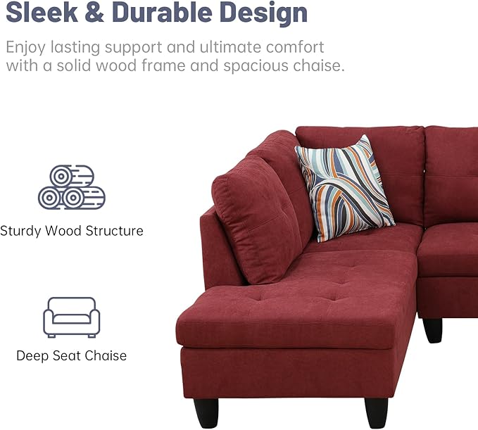 L-Shape 3-Piece Cloud Sofa, Couch for Living Room, Red Fluffy Fabric L-Shape with Reversible Chaise & Storage Ottoman, Ergonomic 110–115° Recline, Solid-Wood Frame