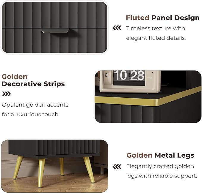 Vanity Desk with Mirror and Lights, Fluted Makeup Vanity with Glass top, 48" Big Modern Vanity with 5 Drawers & Glass Cabinet, Black Vanity with 3 Lighting Modes for Bedroom