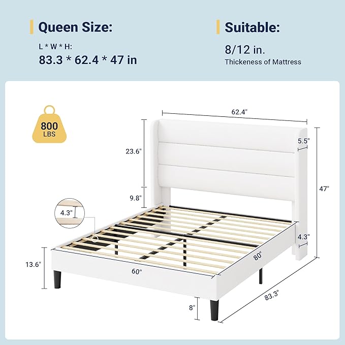 Allewie Queen Size Platform Bed Frame with Velvet Upholstered Wingback Headboard, No Box Spring Needed, Under Bed Storage Space, Strong Wooden Slats, Modern Mattress Foundation, Easy Assembly, White