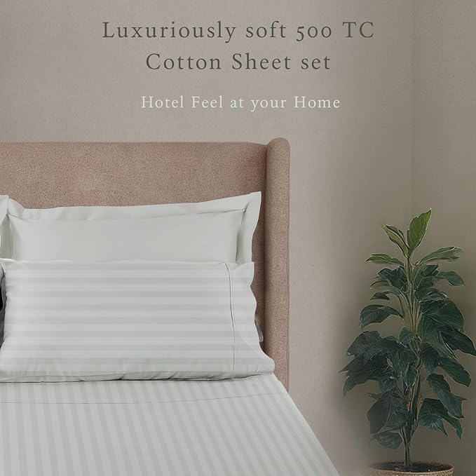 Threadmill 500 Thread Count Twin-XL Size Damask Stripe, 3 Pc Luxury Cotton Bed Sheet Set, Silky Soft Light Grey Sheets with 15" Elasticized Deep Pocket, 1 Pillowcase & Free Tote Bag
