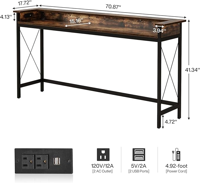 Tribesigns Sofa Table with Outlets and USB Ports, 70.9 inch Extra Long Console Table Behind Couch with Charging Station, Industrial Narrow Entryway Hallway Accent Table for Living Room