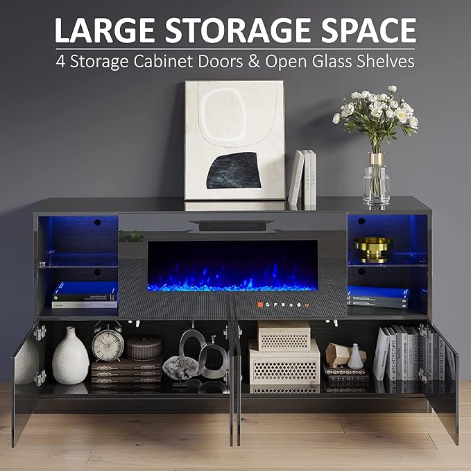 Fireplace TV Stand for TVs up to 75", Modern High Gloss Entertainment Center with 40" Fireplace, 4 Shelves & Storage Cabinets, Media Console Table 68 Inches, Black