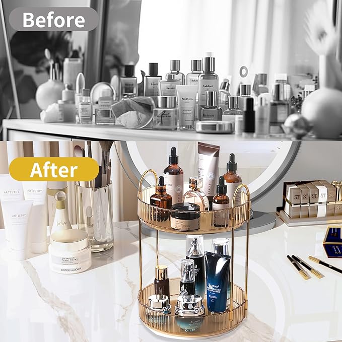 360 Rotating Gold Makeup Organizer,2 Tier Large Capacity Rotating Makeup Organizer,SkincarePerfume Organizer,Bathroom Cosmetics Storage Organizer Countertop (Gold-2 Tier)