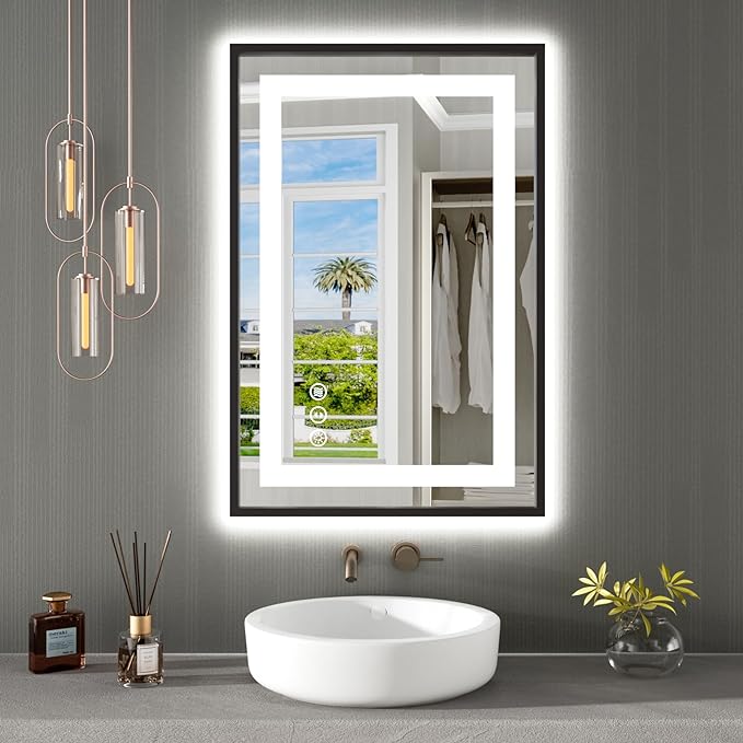 Amorho 24"x 36" LED Bathroom Mirror, Front Light and Backlit with Black Frame, Stepless Dimmable, Anti-Fog, Shatter-Proof, Memory, 3 Colors, Double LED Vanity Mirror
