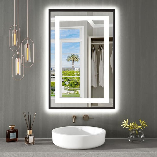 Amorho 24"x 36" LED Bathroom Mirror, Front Light and Backlit with Black Frame, Stepless Dimmable, Anti-Fog, Shatter-Proof, Memory, 3 Colors, Double LED Vanity Mirror