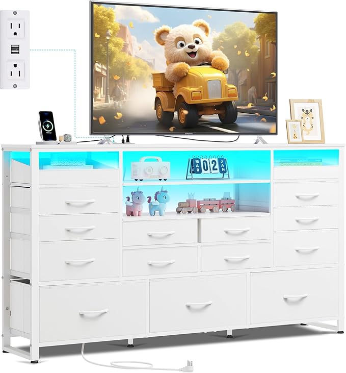 WLIVE White TV Stand for 55, 60, 65 inch TV, Entertainment Center with LED Lights & Charging Station, TV Media Console Table with 15 Fabric Drawers and Open Shelves for Living Room, Hallway, Wood Top