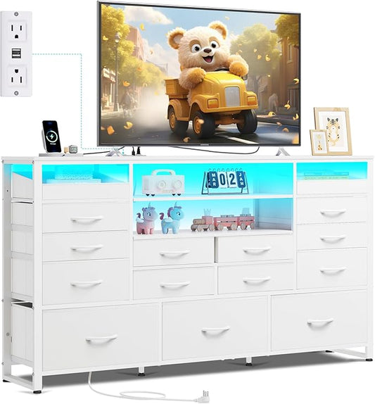 WLIVE White TV Stand for 55, 60, 65 inch TV, Entertainment Center with LED Lights & Charging Station, TV Media Console Table with 15 Fabric Drawers and Open Shelves for Living Room, Hallway, Wood Top