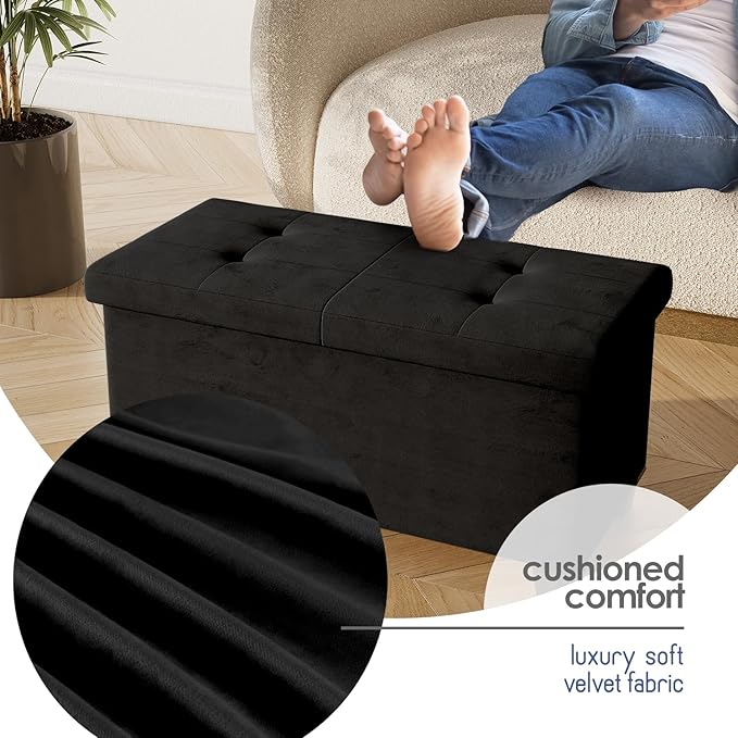 STORAGEBUD Storage Ottoman Bench with Bins, 30-in Storage Bench for Bedroom End of Bed, Folding Foot Rest Ottoman for Living Room Max 660lbs, Velvet Ottomans, Black