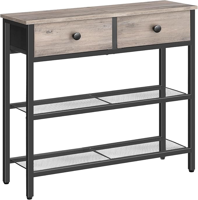 HOOBRO 29.5" Narrow Console Table with 2 Fabric Drawers, Sofa Table, Small Entryway Table with 3-Tier Storage Shelves, Behind Couch Table, for Living Room, Hallway, Greige and Black BG72XG01
