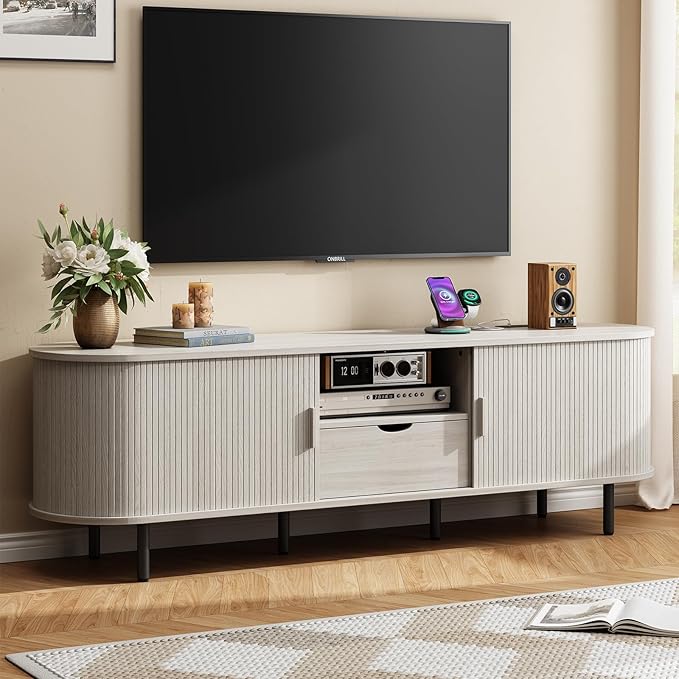 69" TV Stand with Power Outlet for TVs up to 80", Entertainment Center with Storage and Drawer, TV Console with Adjustable Shelves and Sliding Door, TV Stand for Living Room, Natural White