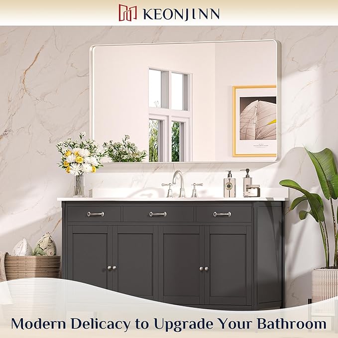 Keonjinn 48 x 30 Brushed Nickel Bathroom Mirrors for Over Sink, Large Rounded Rectangle Bathroom Vanity Mirror, Modern Decorative Silver Mirror, HD Tempered Glass Wall Mirror(Horizontal/Vertical)