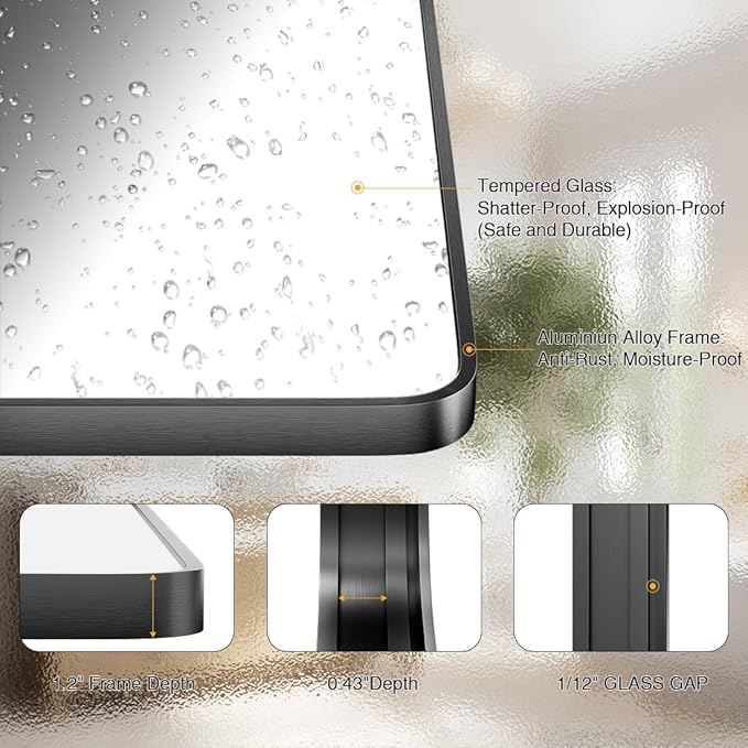 Bathroom Mirror 24" X 36" Wall Mount Dresser Metal Frame Rounded Rectangular Mirror Over Sink Vanity Can Be Hung Horizontally Or Vertically for Bedroom, Entryway, Living Room,Black