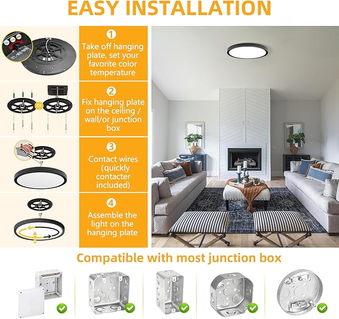 Led Flush Mount Ceiling Light,20 Inch 40w 4350lm,3000k/4000k/6000k 3CCT Selectable, Round Modern Flat Panel Super Slim Led Ceiling Light,for Living Dining Kitchen Bedroom Room(1Pack-Black)