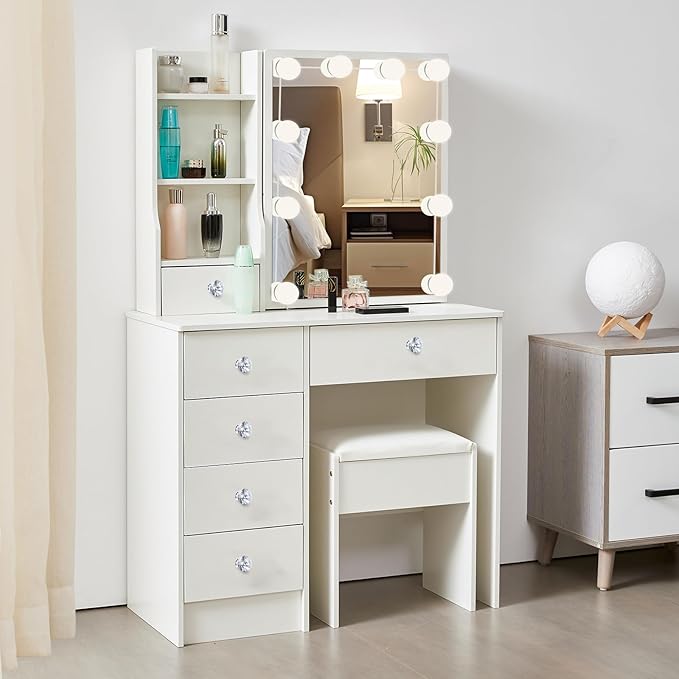 Girls Vanity Set, 3 Color Modes, 5 Storage Drawers 6 Cabinets Makeup Table with Mirror and Lights, White Dressing Table with Cushioned Stool for Home and Bedroom