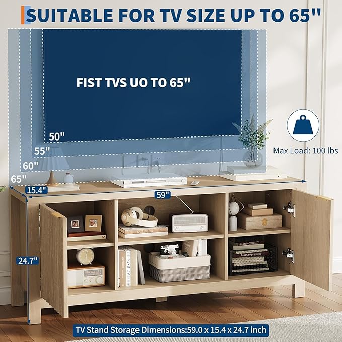 TV Stand for TVs up to 65 Inch – Television Stands 100lbs Capacity, Media Console Table, Entertainment Center with Open Storage Shelves – Fits 50/55/60/65 Inch TVs (Maple Oak)