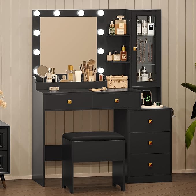 Vanity Desk with Mirror and Lights, Black Makeup Vanity with 5 Drawers Hidden Jewelry Organizer& LED Glass Cabinet,3 Light Mode and Brightness Adjusted,Vanity Mirror with Lights Desk and Chair