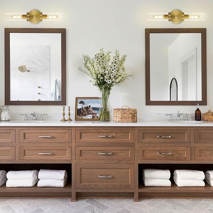 Gold Wall Sconce for Bathroom Hardwired, 20.5" Brass Wall Sconces, Linear Sconces Wall Lighting Double-Lights, Bathroom Lighting Fixtures over Mirror, Tube Bath Vanity Light for Living Room, Bedroom