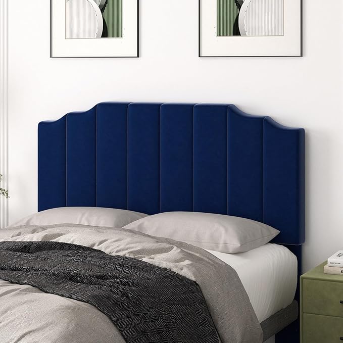 Queen Size Headboard Only, Velvet Wall Mounted Headboard Queen/Full Size for Adjustable Bed, Modern Vertical Channel Design with Curved Upholstered Head Board, Royal Blue