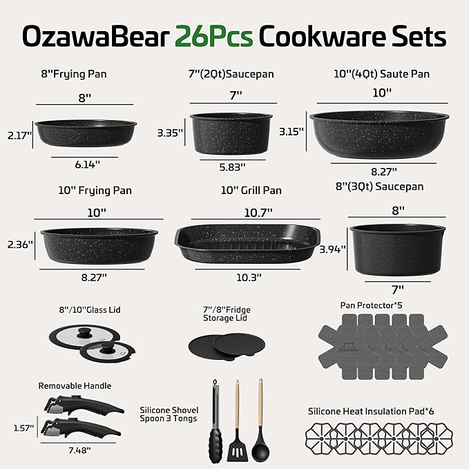 26 Pcs Pots and Pans Set Non Stick, Ceramic Cookware Set Non Toxic with Detachable Handles, Healthy Induction Cookware Dishwasher Oven Safe RV Kitchen Set, PFAS PFOA & PTFE Free, Black