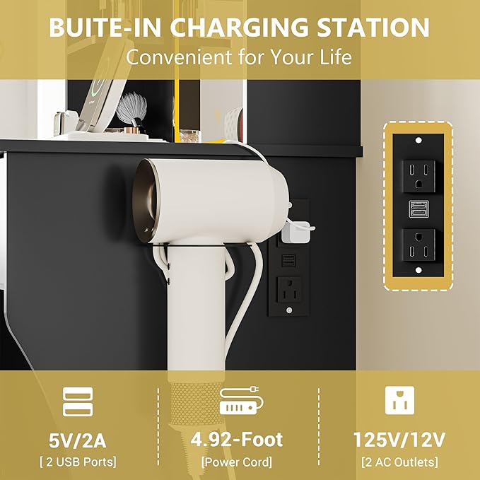 Vanity Desk with LED Lights Mirror & Power Outlet, Small Makeup Vanity Table Set with Storage Drawers & Chair, 3 Lighting Modes & Adjustable Brightness, Dressing Table for Women Girls Bedroom, Black