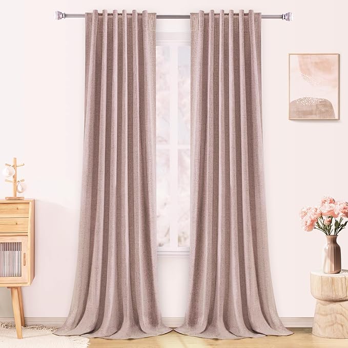 100% Blackout Blush Pink Linen Curtains 96 inch Length 2 Panels Set for Baby Bedroom Back Tab/Rod Pocket Thermal Insulated Black Out Linen Drapes Girls Room Darkening Window Curtains 8 FT
