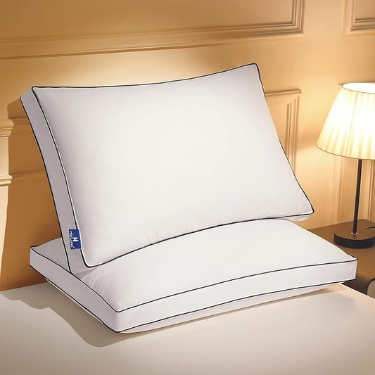 Feather Down Pillows Standard Size Set of 2 with Gusset, Luxury Hotel Collection Bed Pillow 2 Pack, Down Surrounded Gusseted Pillows for Sleeping, Fluffy for Side, Back Sleepers 20x26 in.