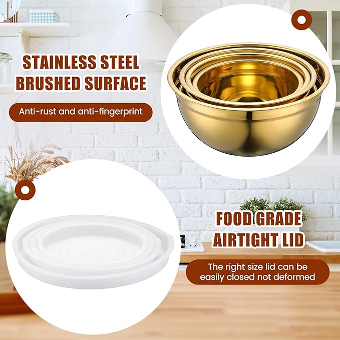 7 Pack Gold Mixing Bowls with Airtight Lids Stainless Steel Mixing Bowl, Metal Nesting Organizers and Stainless Steel Colander Set for Baking Serving Food (0.8,1,1.5,2.0,2.5,4.0 Qt)
